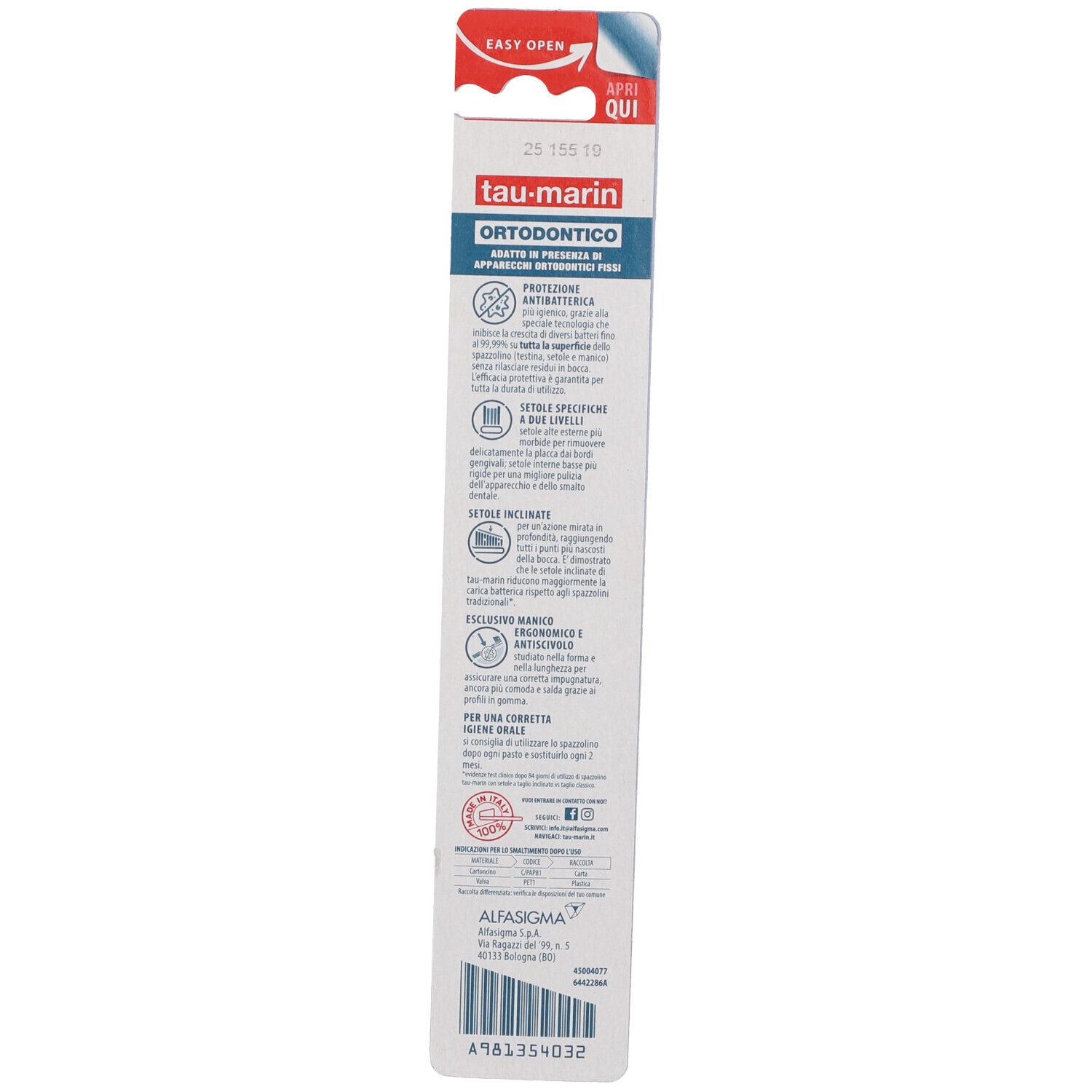 Rückseite der Zahnbürstenverpackung. Text: tau-marin orthodontico, Schutz vor Bakterien, 3-fach-Borsten. Hersteller: Alfasigma.