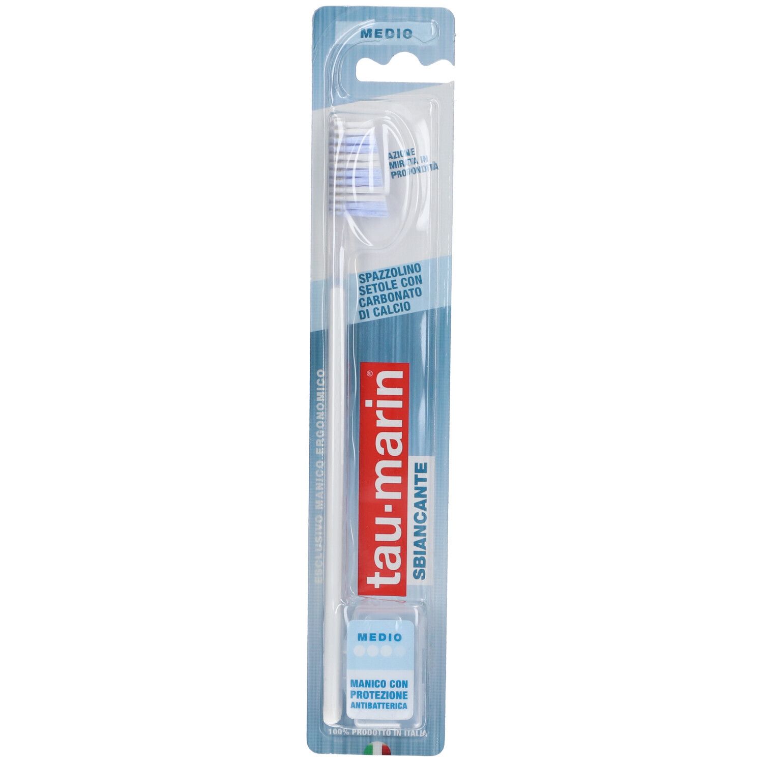 Zahnbürste tau-marin® Professional Weiß Medio, in Blisterverpackung. Weißer Griff, blauer Bürstenkopf. Sichtbare Produktbezeichnung.