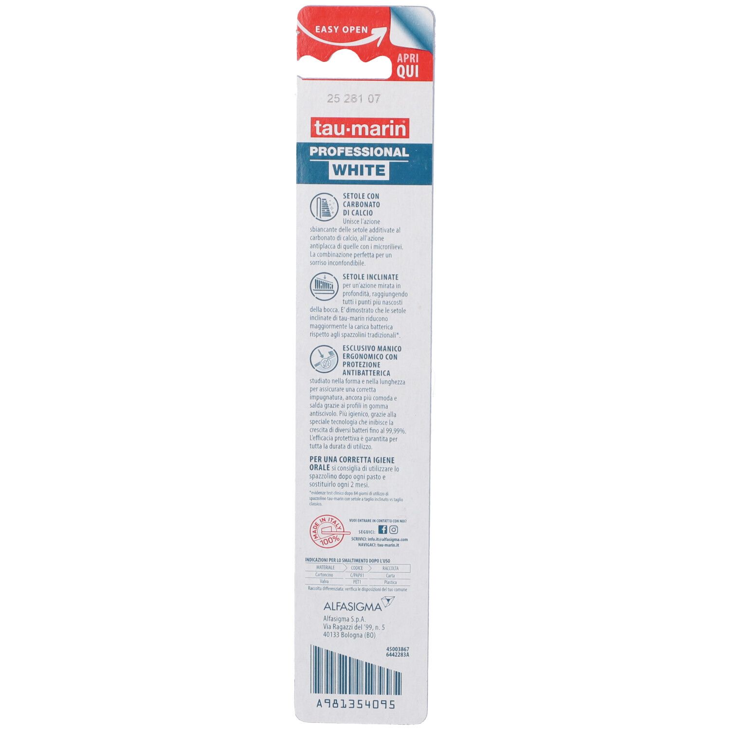 Rückseite der Verpackung von tau-marin® Professional Weiß Medio. Text in italienischer Sprache. Produktname und Logo sichtbar.