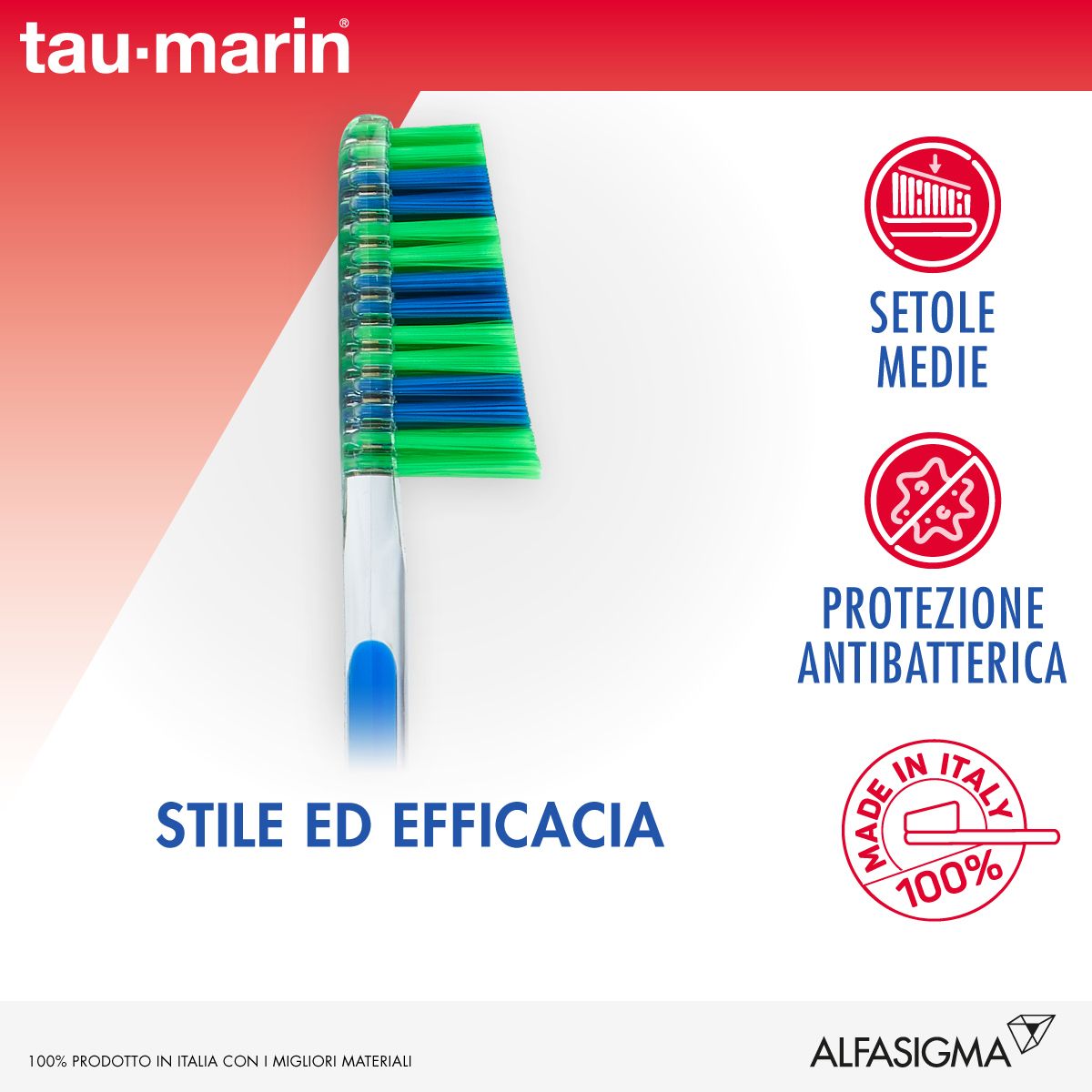 Brosse à dents Tau Marin Skalar 33 Medium, vert-bleu. Soies vertes, manche blanc. Texte et logo.