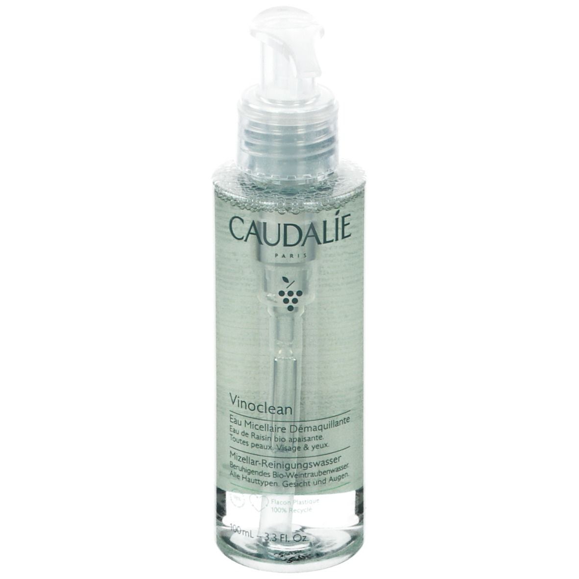Flacone trasparente con dosatore. Scritta CAUDALIE PARIS, Vinoclean, Acqua Micellare Struccante. 100ml.