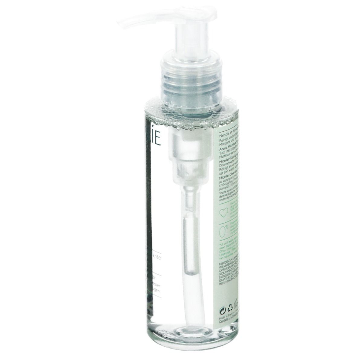 Flacone trasparente con dosatore. Scritta CAUDALIE PARIS, Vinoclean, Acqua Micellare Struccante. 100ml.
