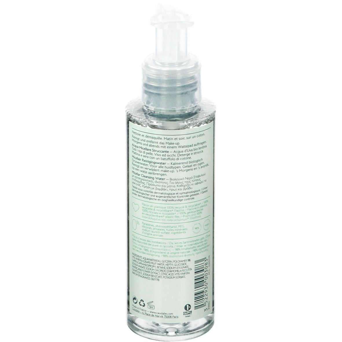 Flacone trasparente con dosatore. Scritta CAUDALIE PARIS, Vinoclean, Acqua Micellare Struccante. 100ml.