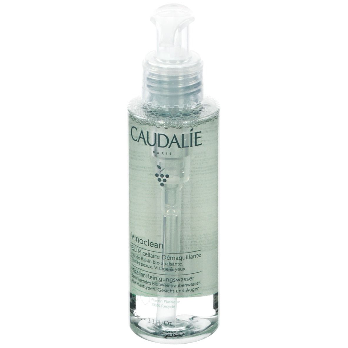 Flacone trasparente con dosatore. Scritta CAUDALIE PARIS, Vinoclean, Acqua Micellare Struccante. 100ml.