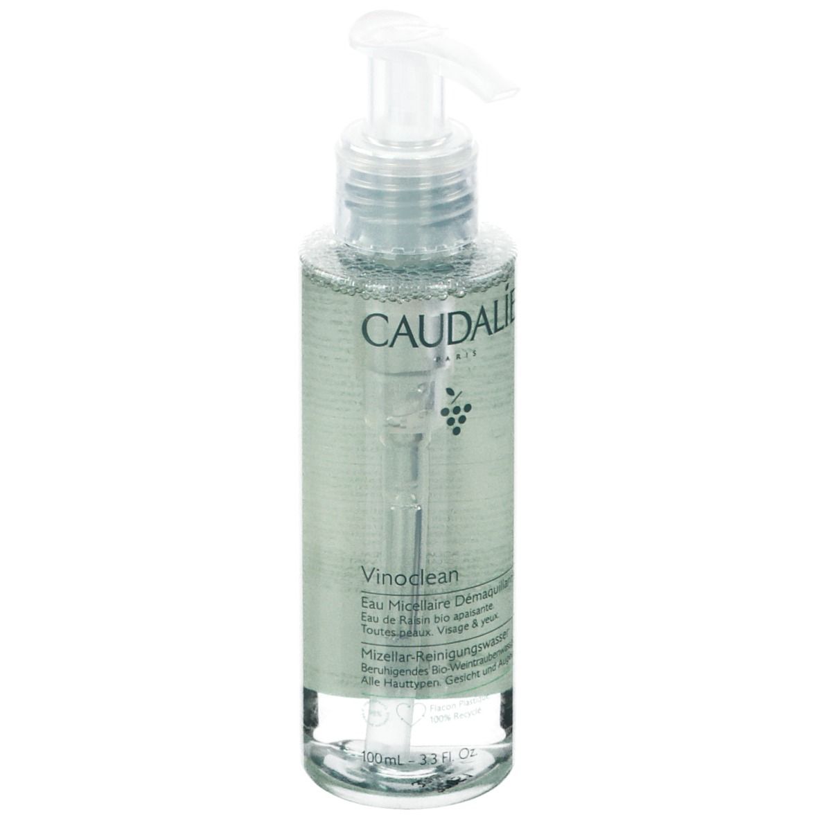 Flacone trasparente con dosatore. Scritta CAUDALIE PARIS, Vinoclean, Acqua Micellare Struccante. 100ml.