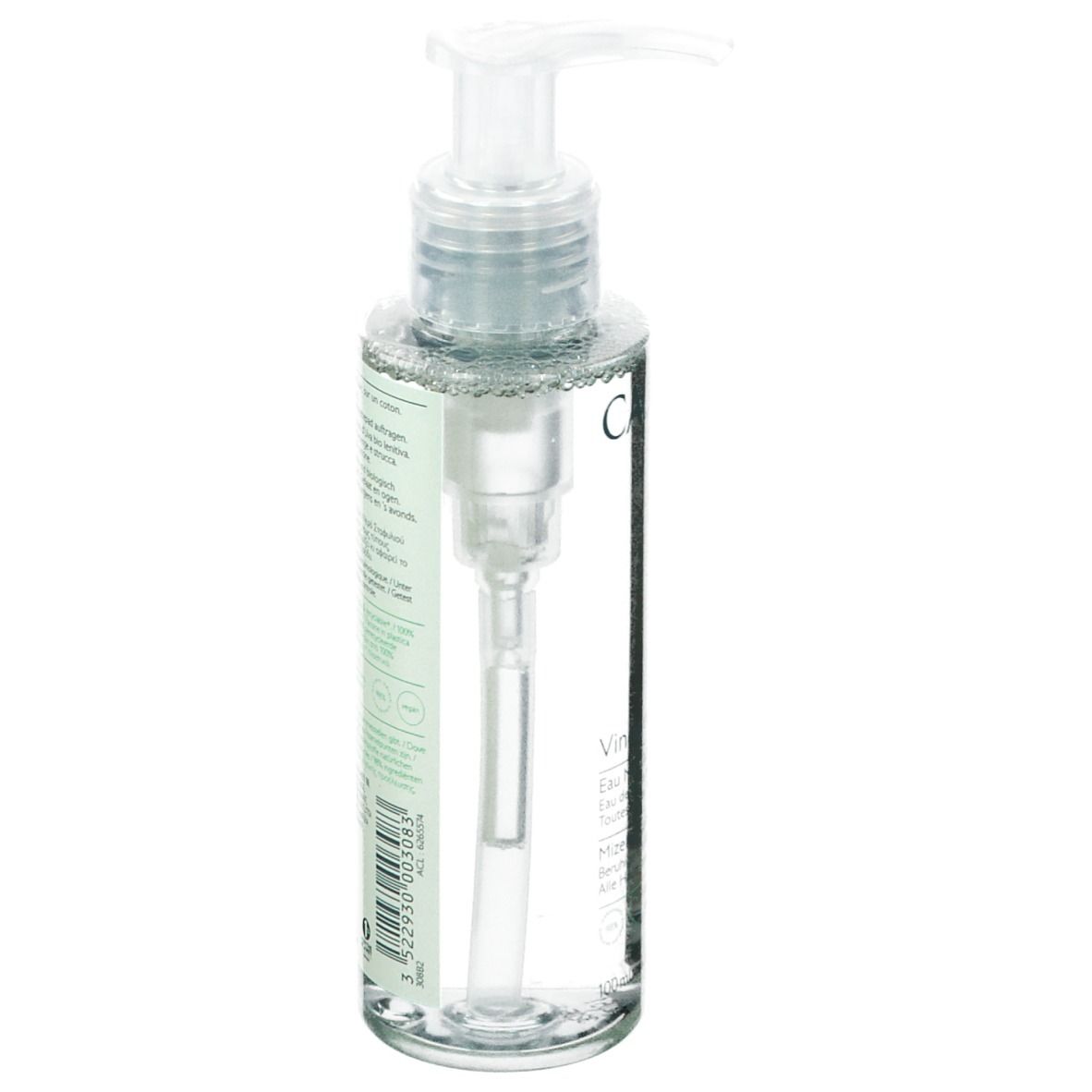 Flacone trasparente con dosatore. Scritta CAUDALIE PARIS, Vinoclean, Acqua Micellare Struccante. 100ml.