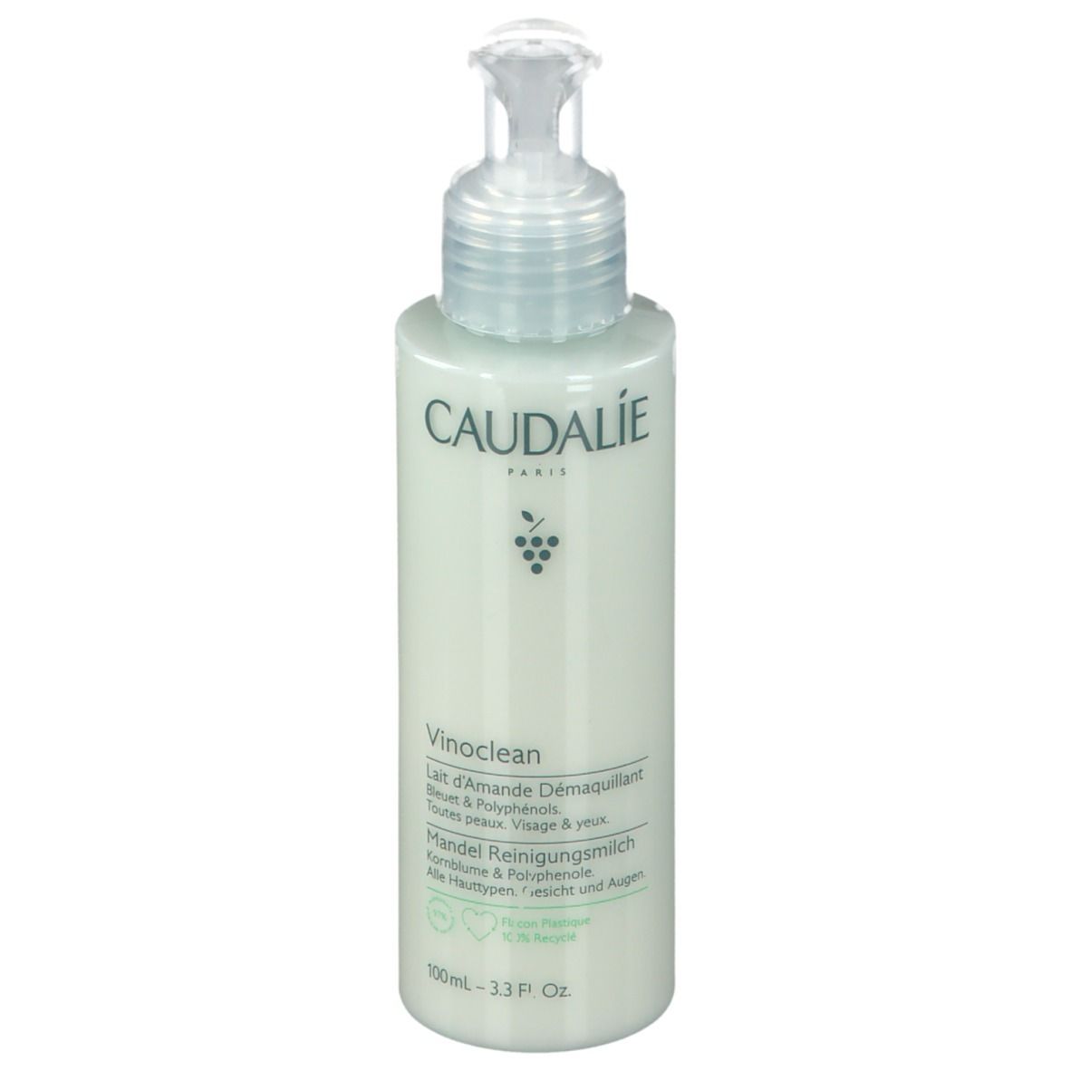 Caudalie Vinoclean Latte di Mandorla Struccante. Flacone con dosatore, verde chiaro. Scritta: 'Mandel Reinigungsmilch'.