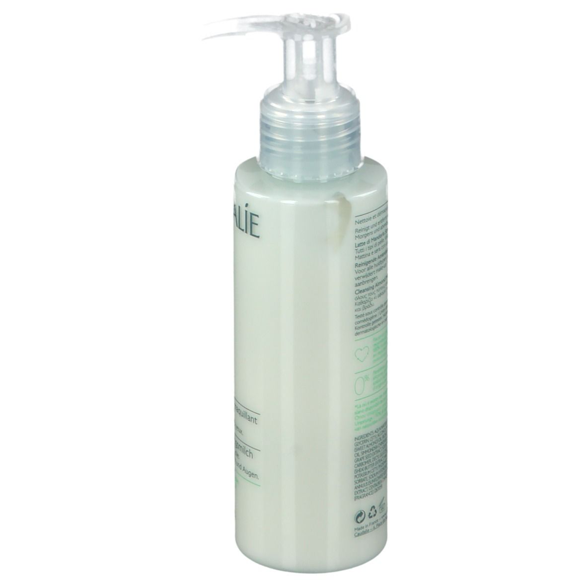 Caudalie Vinoclean Latte di Mandorla Struccante. Flacone con dosatore, verde chiaro. Retro con testo e logo.