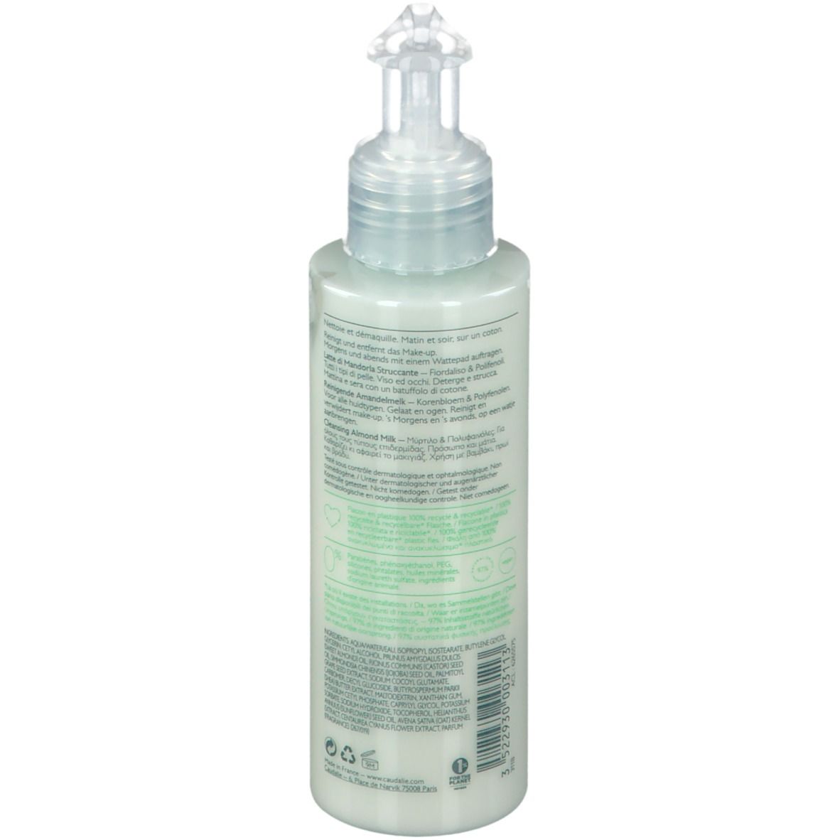 Caudalie Vinoclean Latte di Mandorla Struccante. Flacone con dosatore, verde chiaro. Retro con testo e logo.