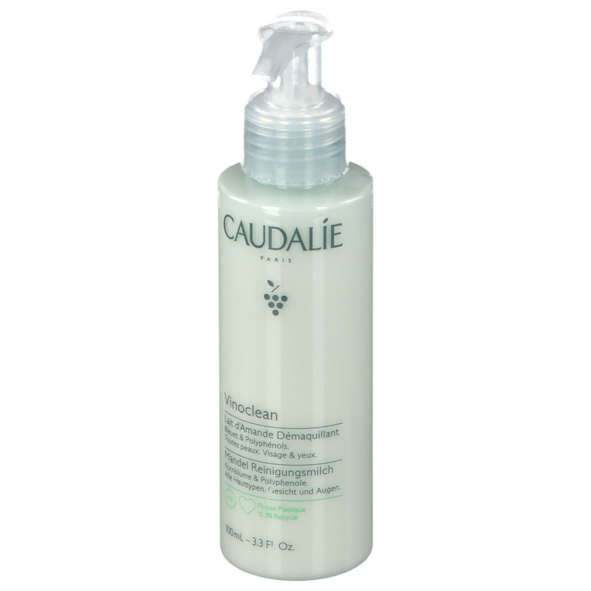 Caudalie Vinoclean Latte di Mandorla Struccante. Flacone con dosatore, verde chiaro. Scritta: 'Mandel Reinigungsmilch'.