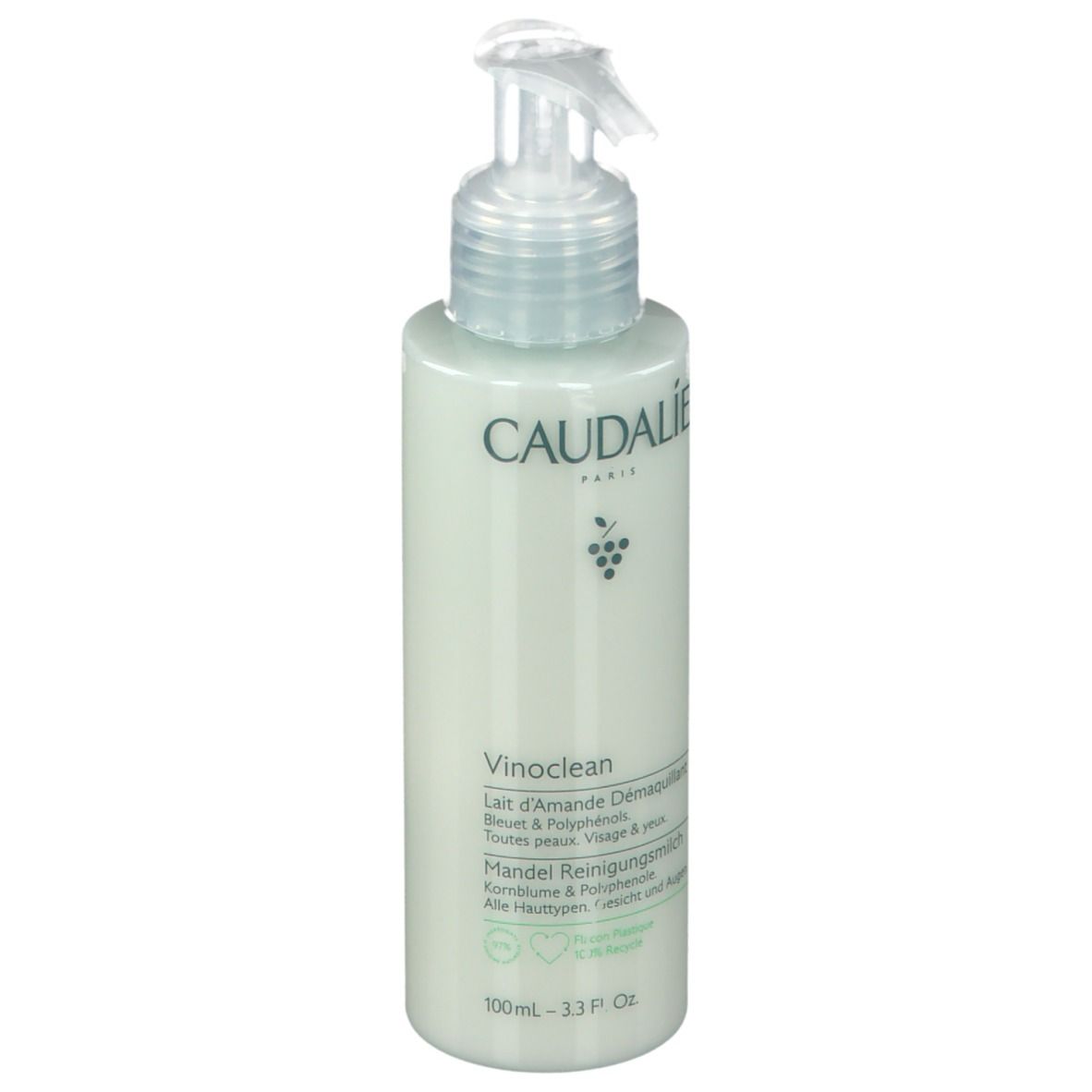 Caudalie Vinoclean Latte di Mandorla Struccante. Flacone con dosatore, verde chiaro. Scritta: 'Mandel Reinigungsmilch'.
