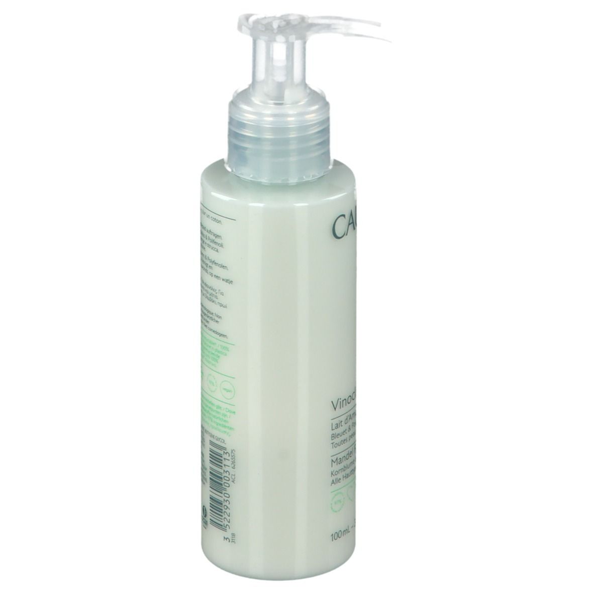 Caudalie Vinoclean Latte di Mandorla Struccante. Flacone con dosatore, verde chiaro. Retro con testo e logo.