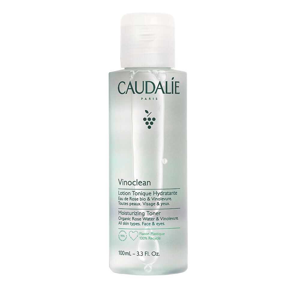 Flacone trasparente con tappo bianco. Scritte: CAUDALIE, Vinoclean, Lotion Tonique Hydratante. Contiene acqua di rose bio & Vinolevure.