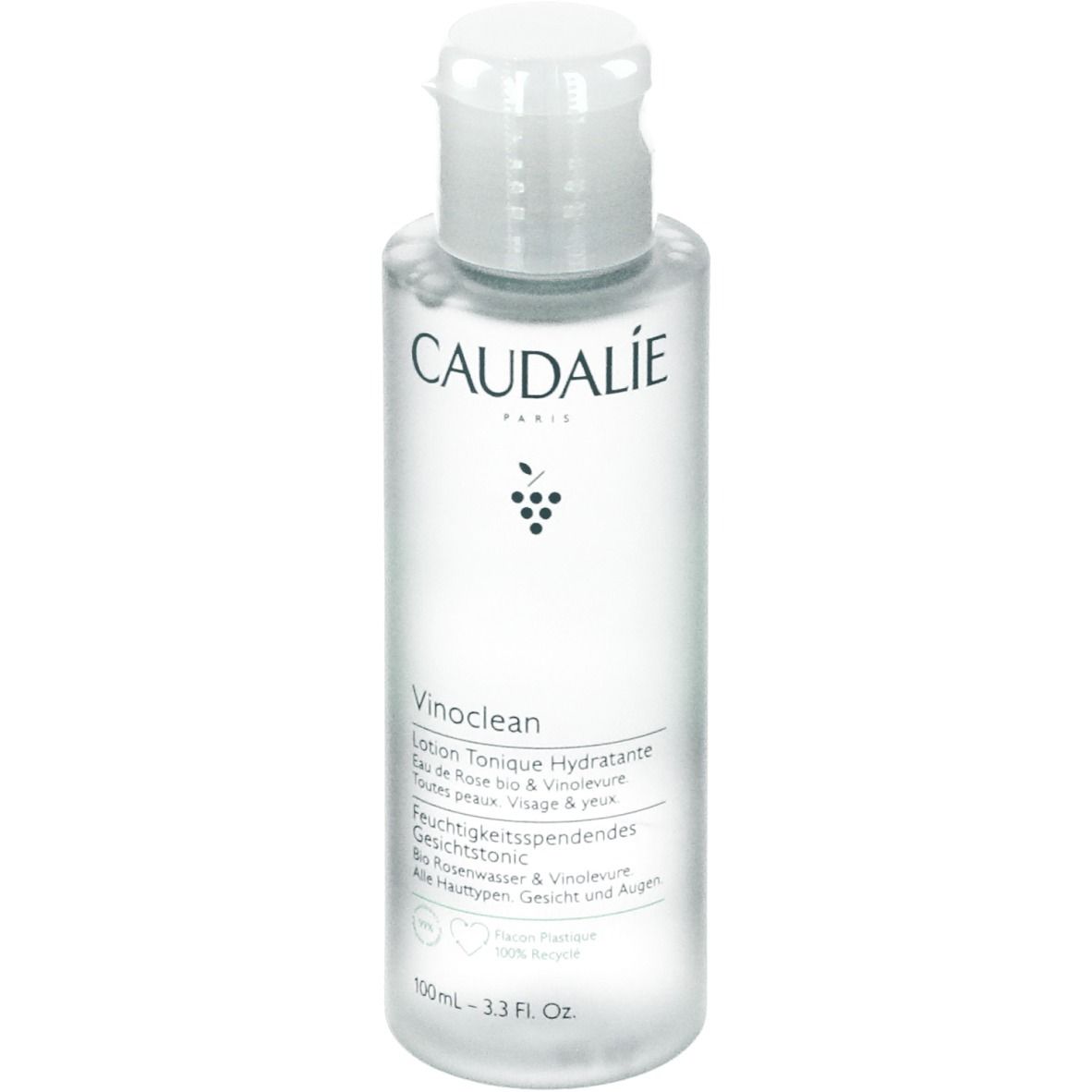 Flacone trasparente con tappo bianco. Scritte: CAUDALIE, Vinoclean, Lotion Tonique Hydratante. Contiene acqua di rose bio & Vinolevure.