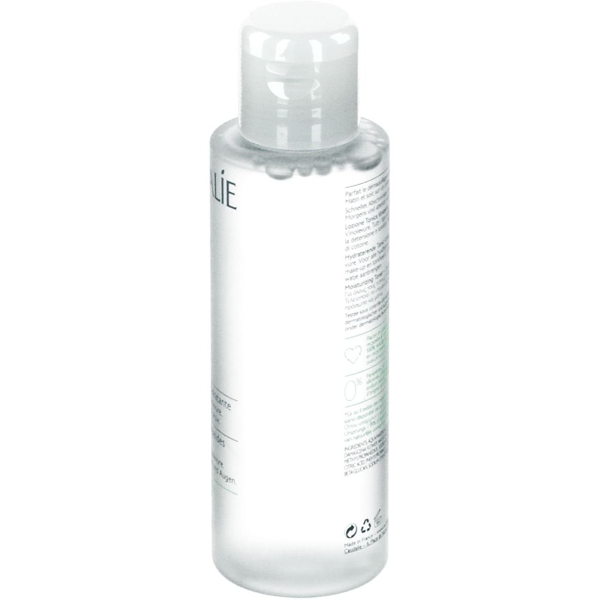 Flacone trasparente con tappo bianco. Scritte: CAUDALIE, Vinoclean, Lotion Tonique Hydratante. Contiene acqua di rose bio & Vinolevure.
