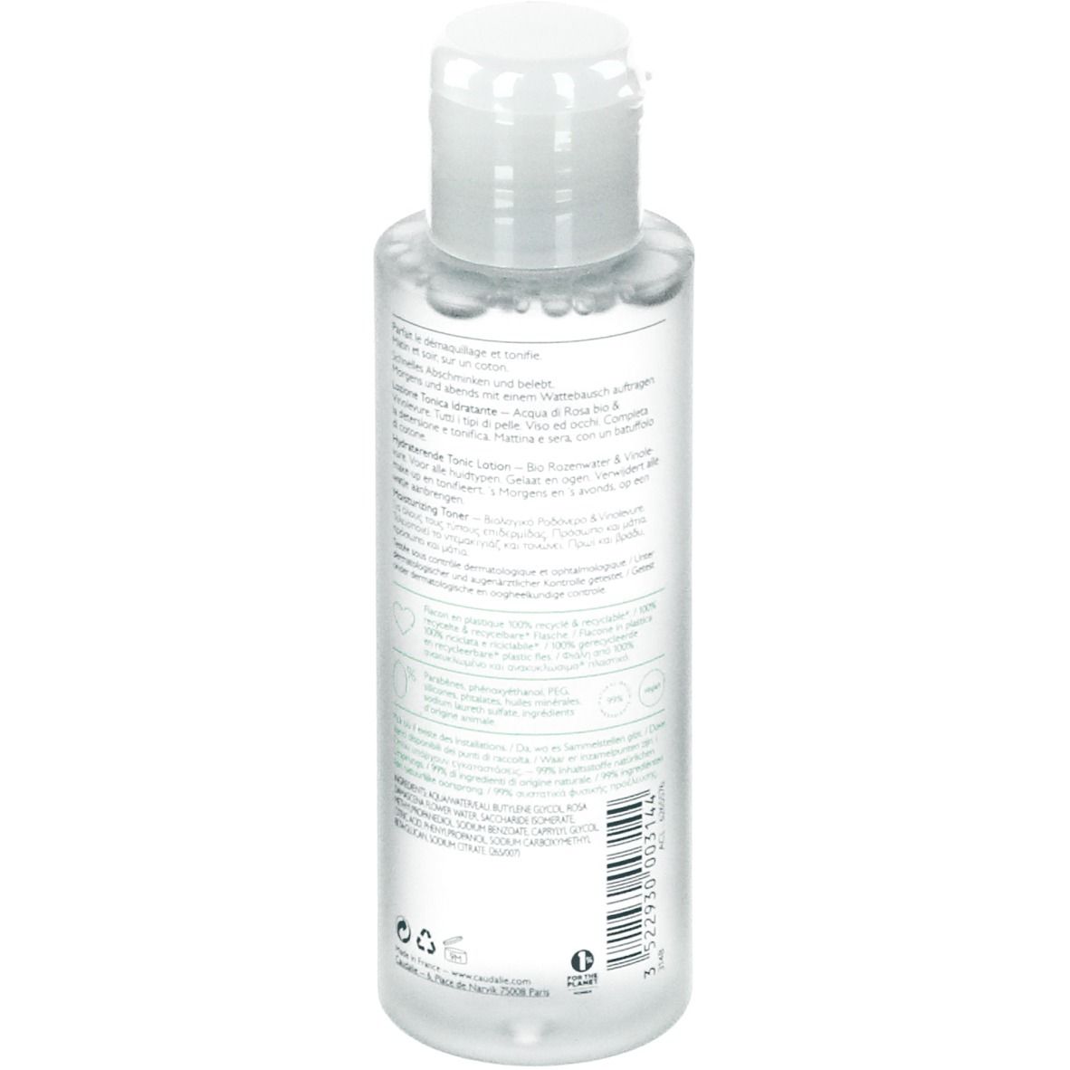 Flacone trasparente con tappo bianco. Scritte: CAUDALIE, Vinoclean, Lotion Tonique Hydratante. Contiene acqua di rose bio & Vinolevure.