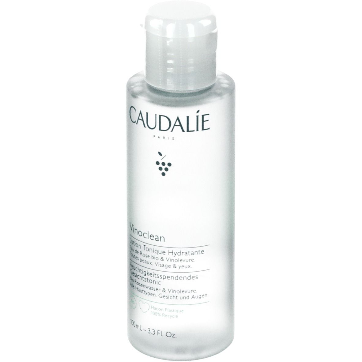 Flacone trasparente con tappo bianco. Scritte: CAUDALIE, Vinoclean, Lotion Tonique Hydratante. Contiene acqua di rose bio & Vinolevure.