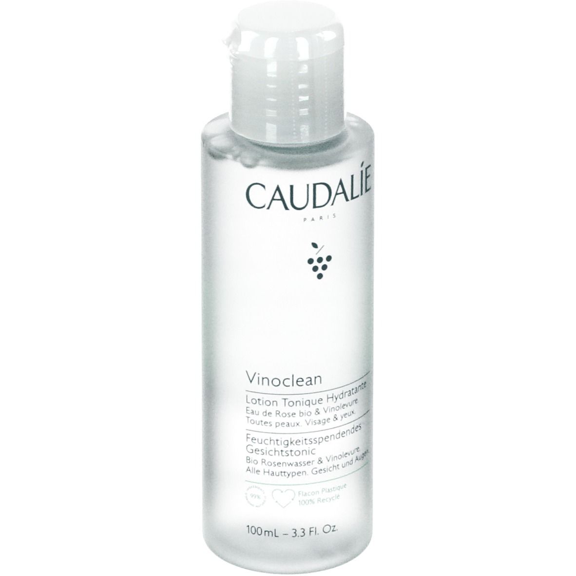 Flacone trasparente con tappo bianco. Scritte: CAUDALIE, Vinoclean, Lotion Tonique Hydratante. Contiene acqua di rose bio & Vinolevure.