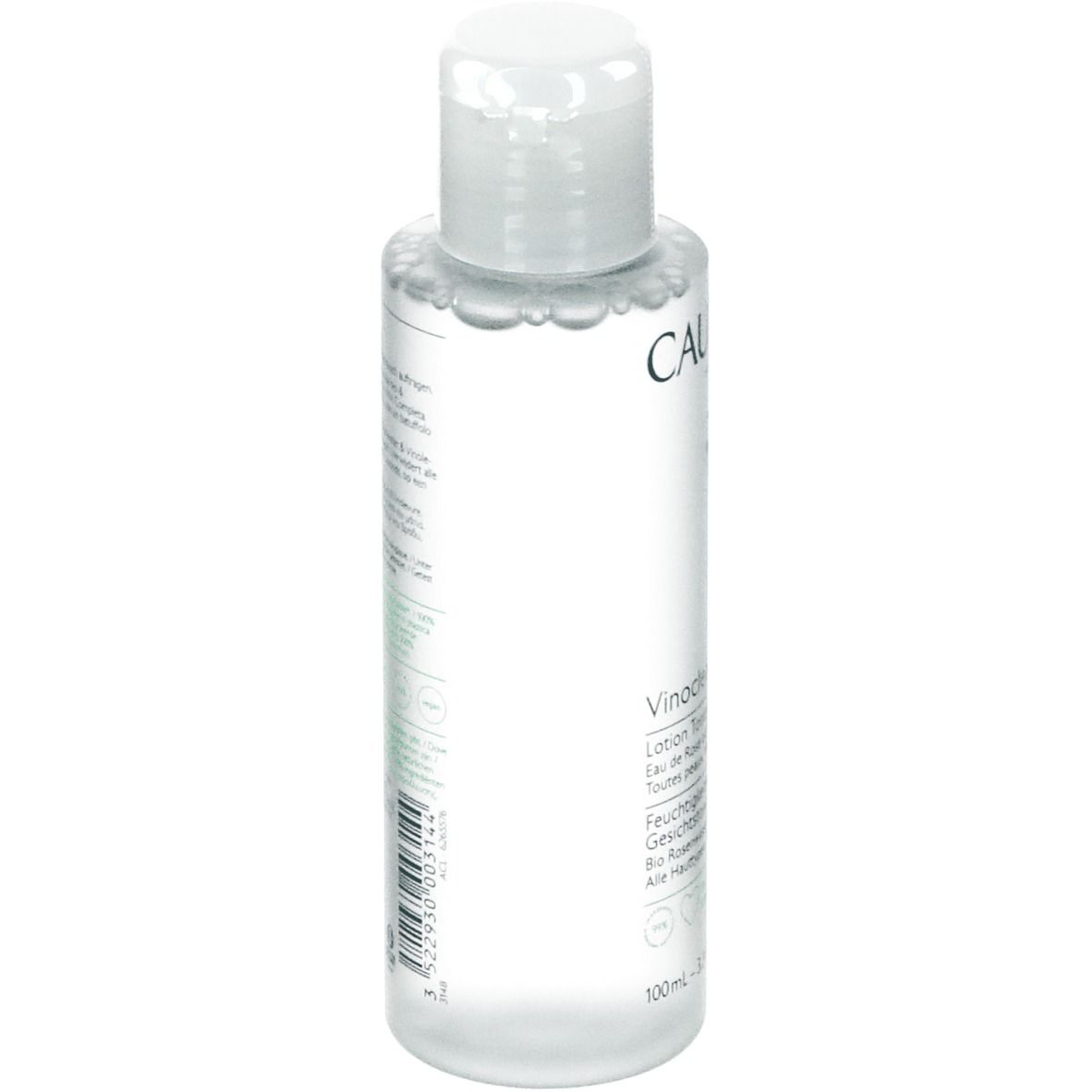 Flacone trasparente con tappo bianco. Scritte: CAUDALIE, Vinoclean, Lotion Tonique Hydratante. Contiene acqua di rose bio & Vinolevure.