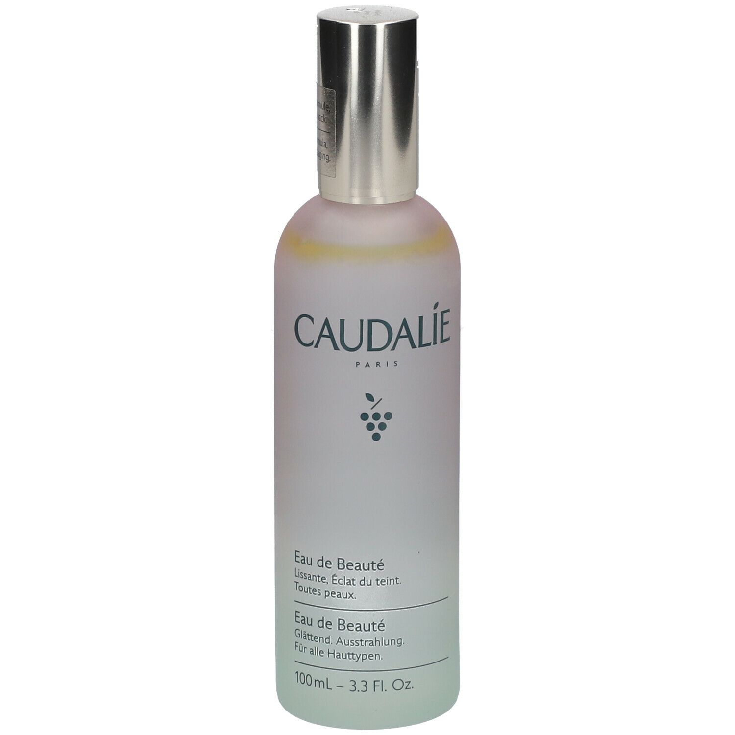 Flacone Caudalie Eau de Beauté. Sfumatura rosa-verde, tappo argentato. Testo: Eau de Beauté, Beauty Elixir.