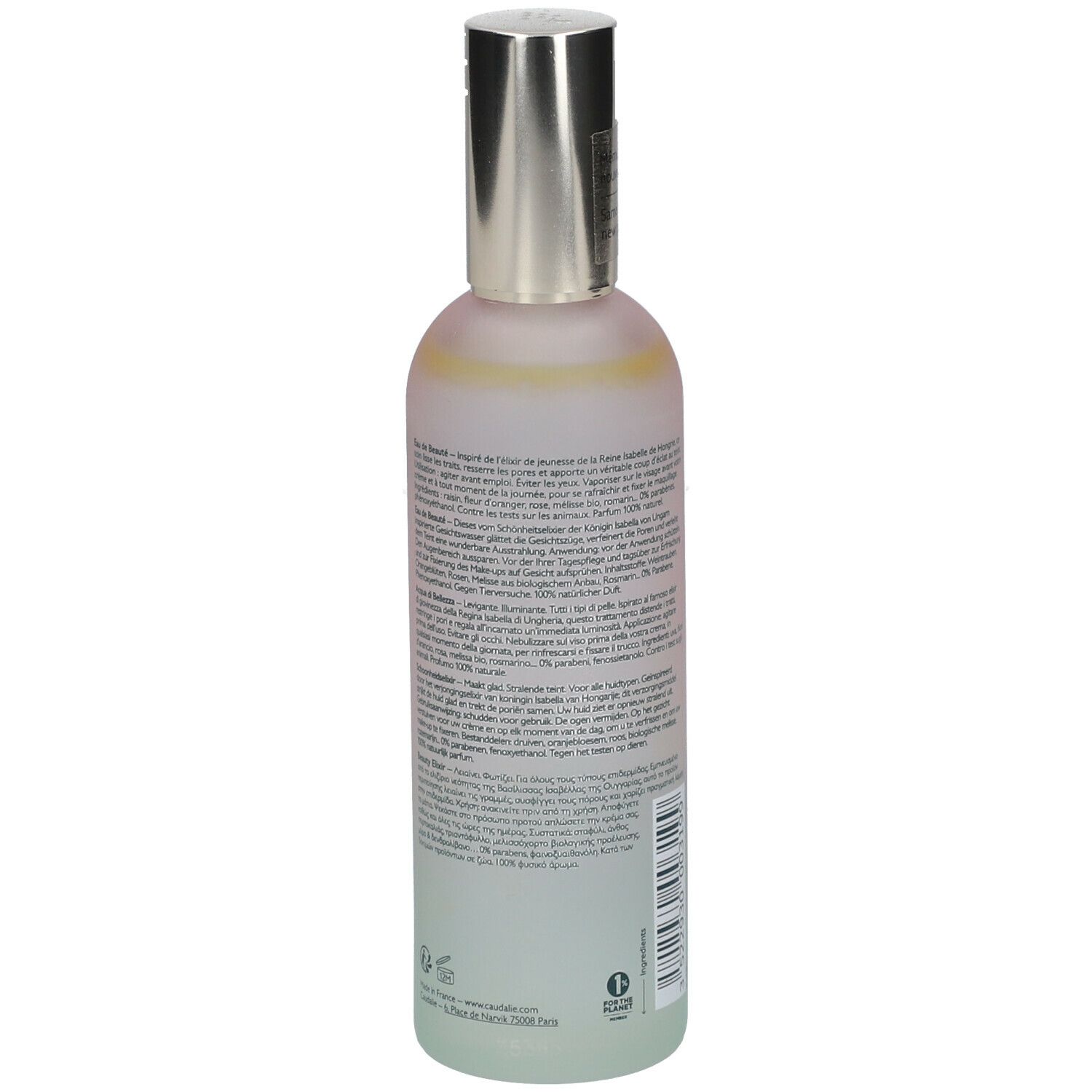 Flacone Caudalie Eau de Beauté. Retro con testo. Sfumatura rosa-verde, tappo argentato. Testo: Eau de Beauté.