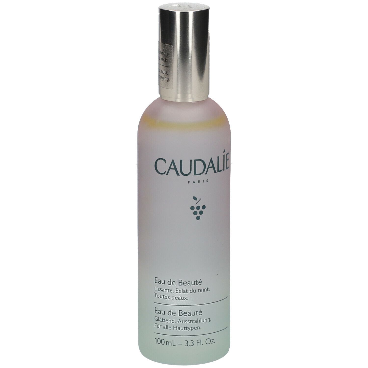 Flacone Caudalie Eau de Beauté. Sfumatura rosa-verde, tappo argentato. Testo: Eau de Beauté, Beauty Elixir.