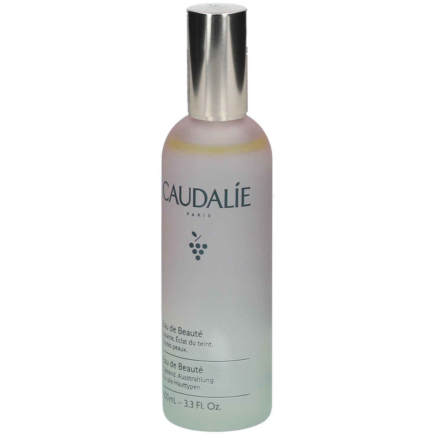 Flacone Caudalie Eau de Beauté. Sfumatura rosa-verde, tappo argentato. Testo: Eau de Beauté, Beauty Elixir.
