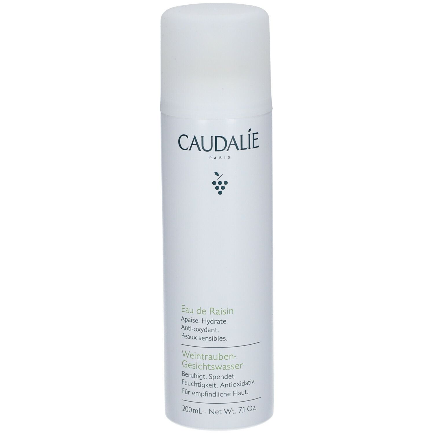 Spray all'acqua d'uva Caudalie. Flacone bianco con informazioni e logo. Testo in tedesco.