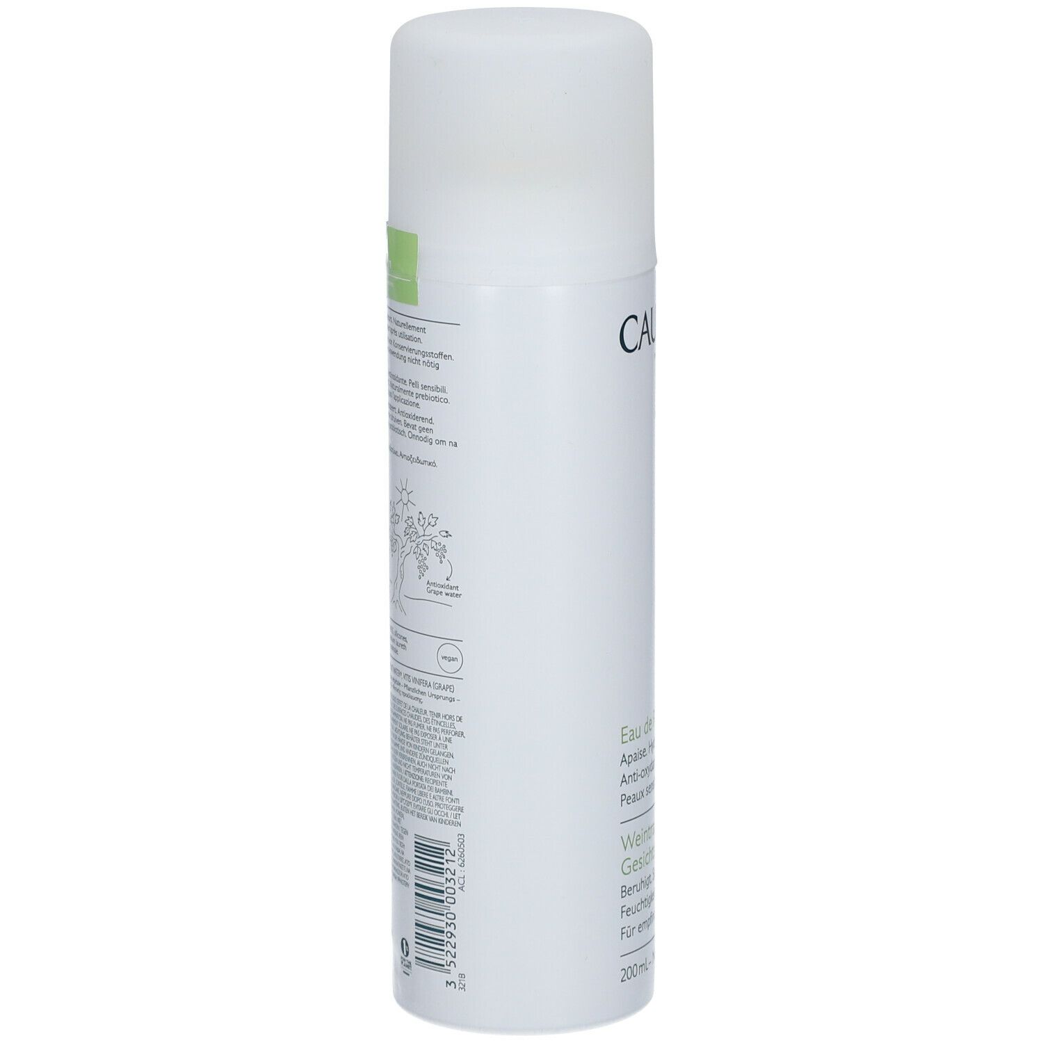 Spray all'acqua d'uva Caudalie. Flacone bianco, retro con testo e illustrazioni. Informazioni prodotto.