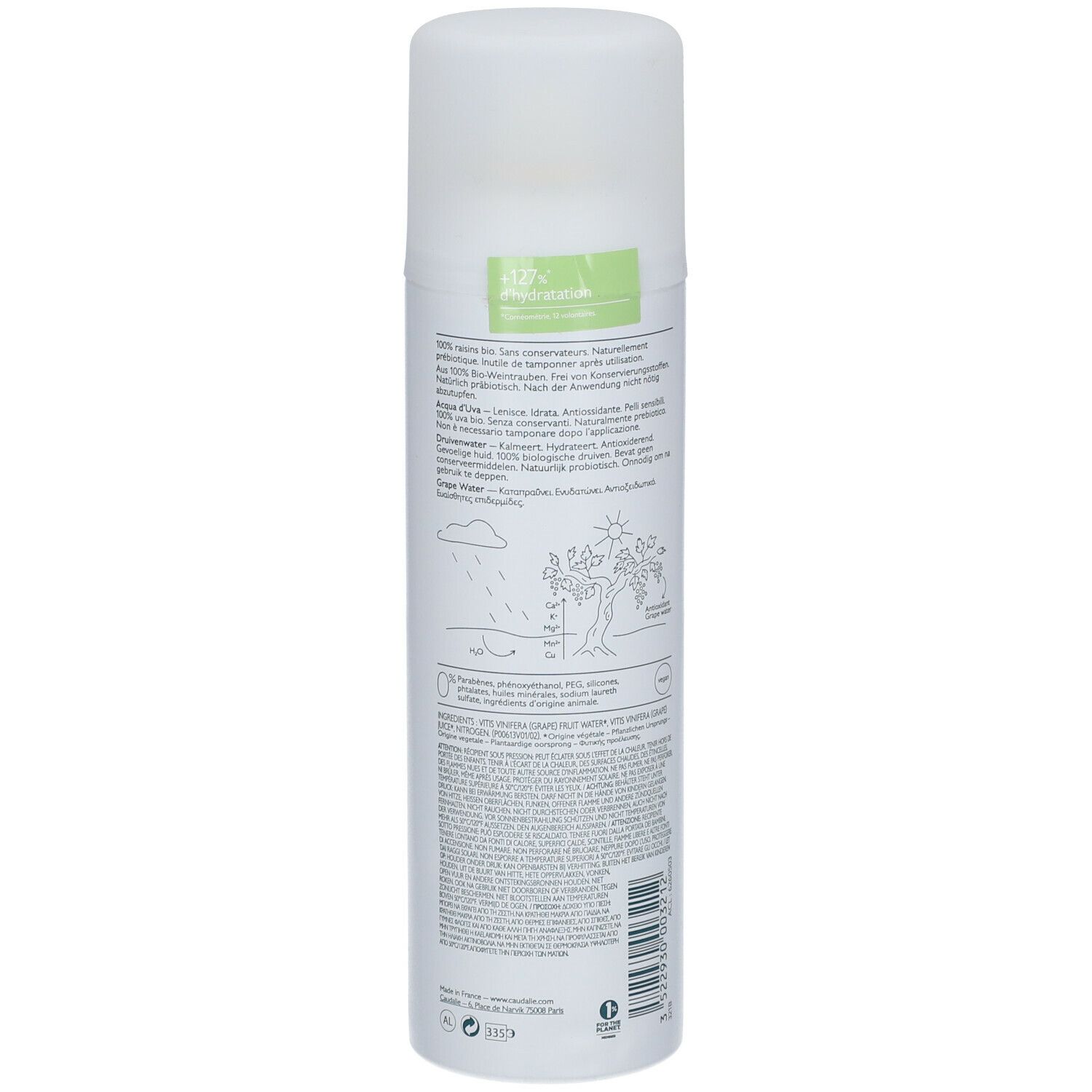 Spray all'acqua d'uva Caudalie. Flacone bianco, retro con testo e illustrazioni. Informazioni prodotto.