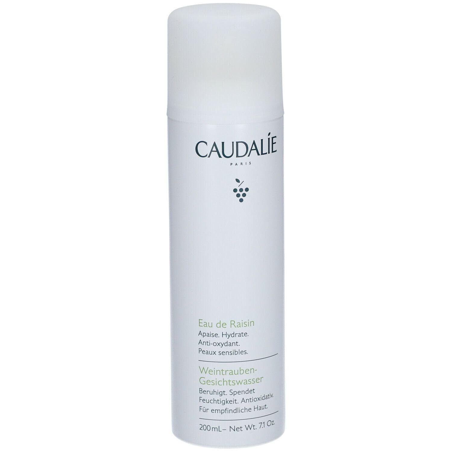 Spray all'acqua d'uva Caudalie. Flacone bianco con informazioni e logo. Testo in tedesco.