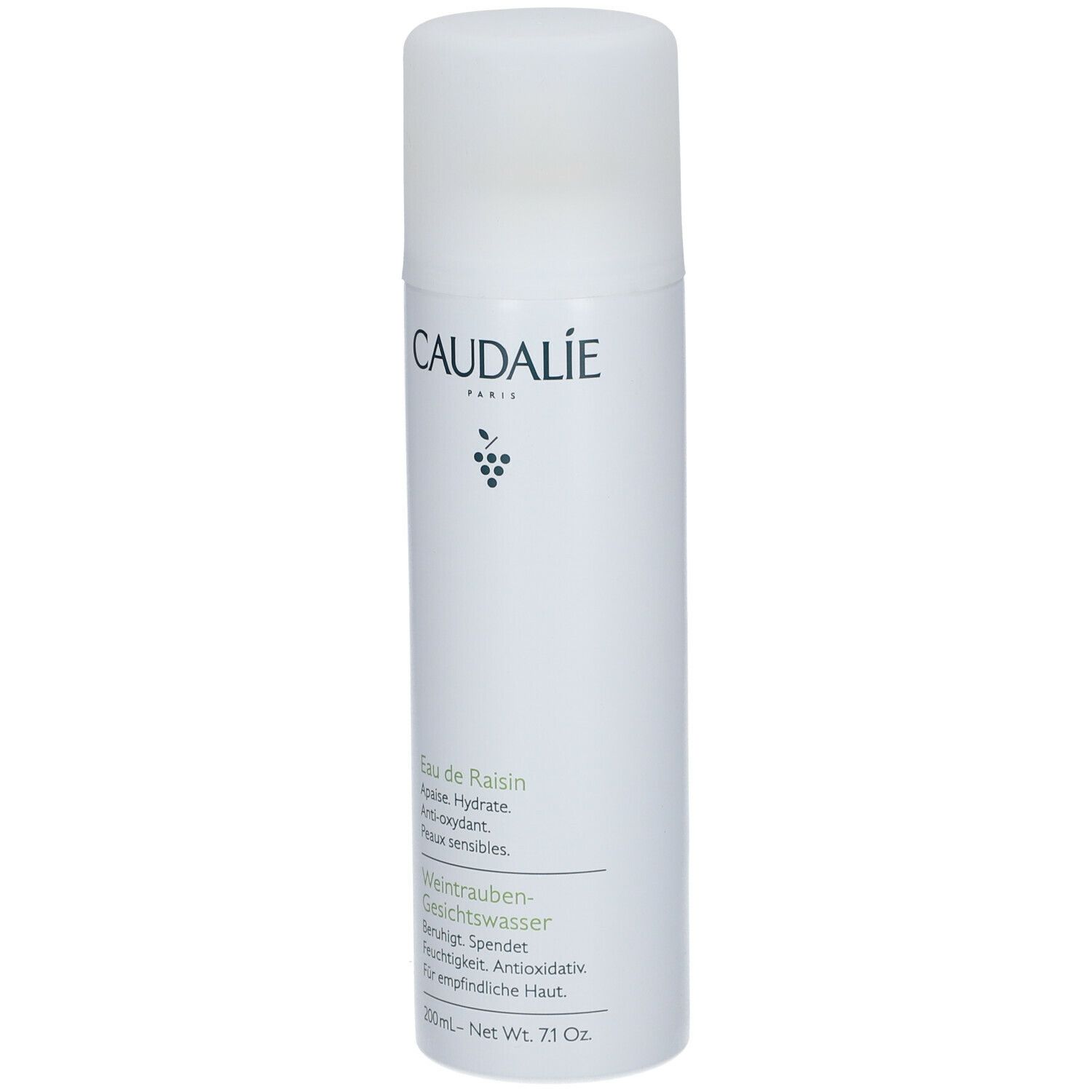Spray all'acqua d'uva Caudalie. Flacone bianco con informazioni e logo. Testo in tedesco.