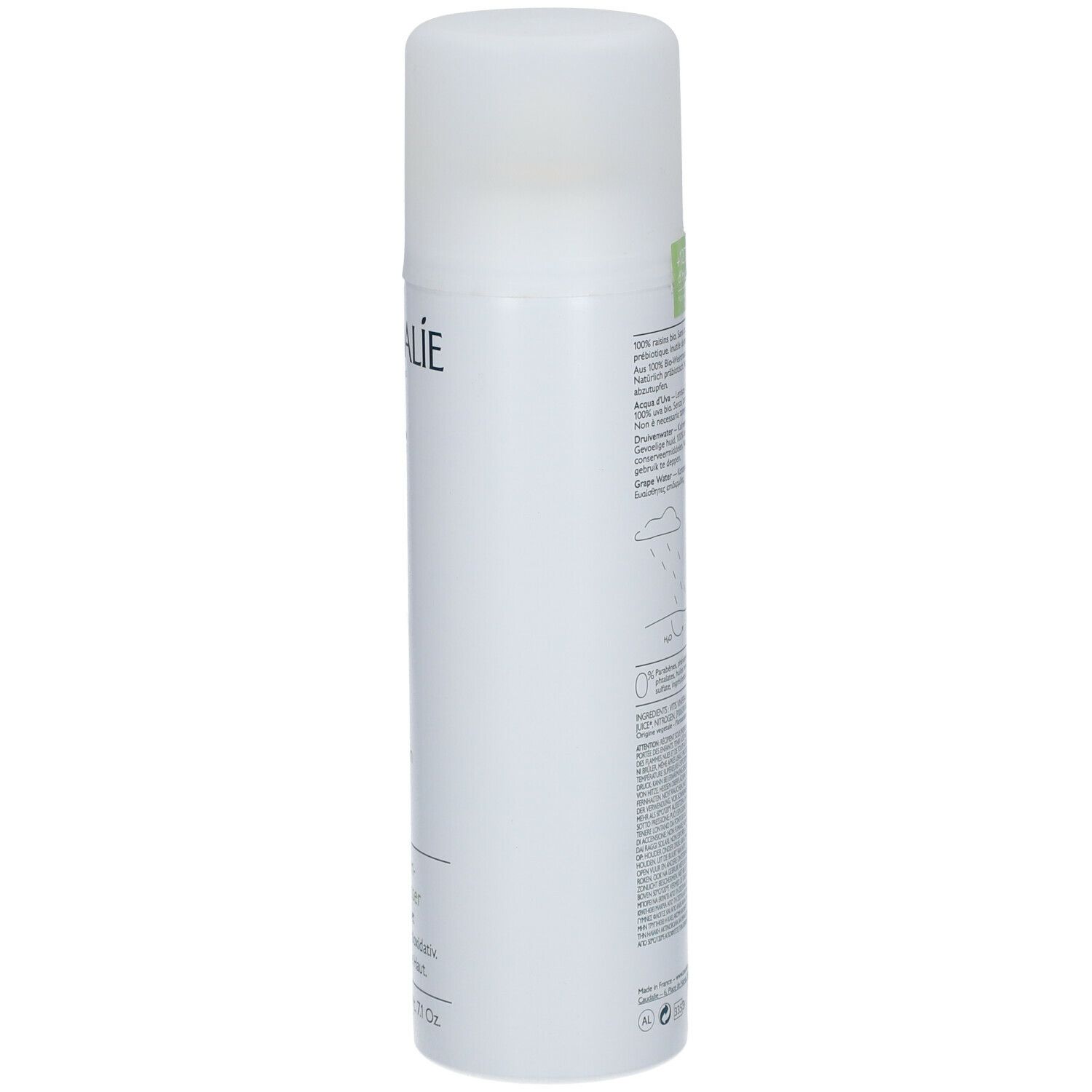 Spray all'acqua d'uva Caudalie. Flacone bianco, retro con testo e illustrazioni. Informazioni prodotto.