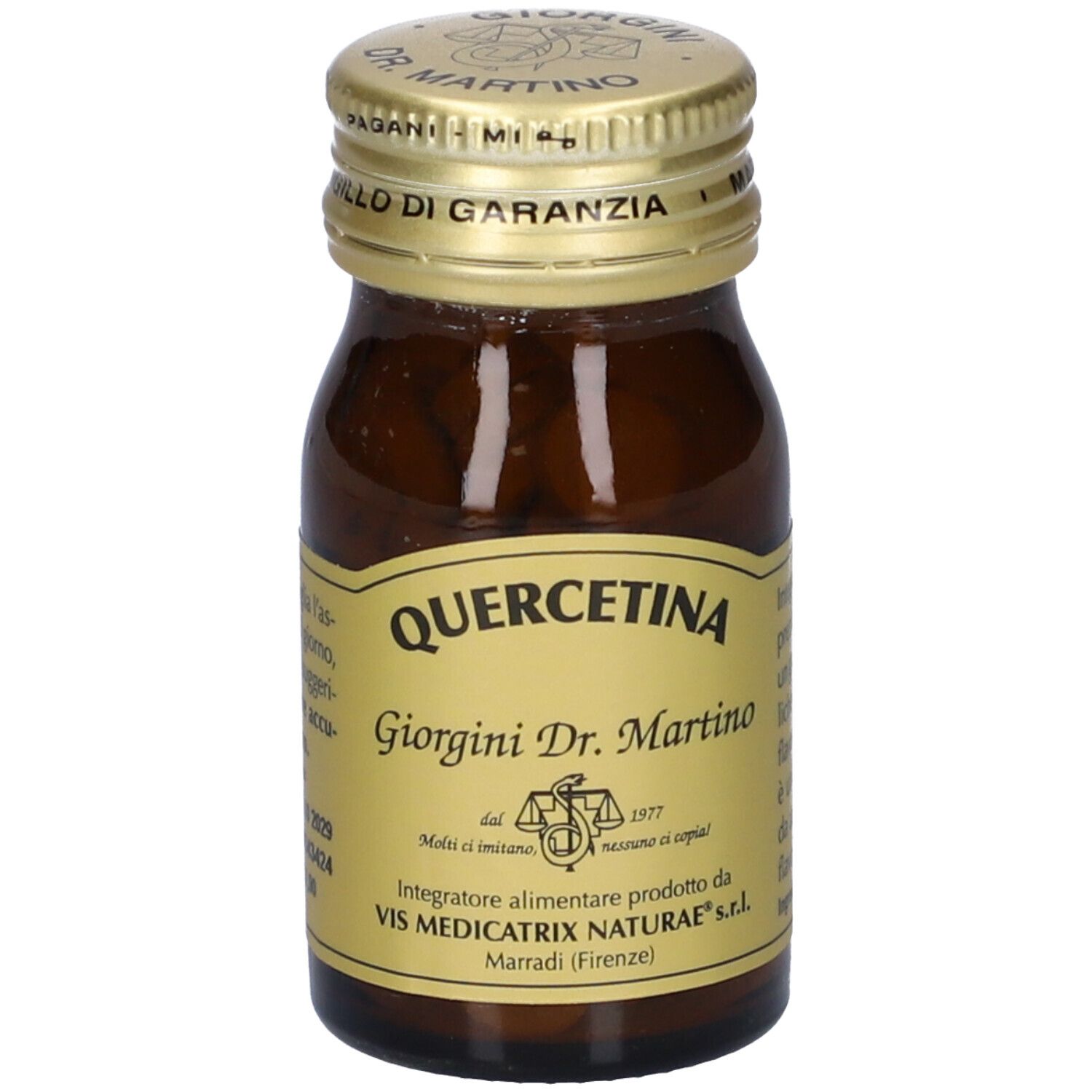 Flacone di vetro marrone con tappo dorato. Scritta: QUERCETINA, Giorgini Dr. Martino. Sigillo sul tappo.
