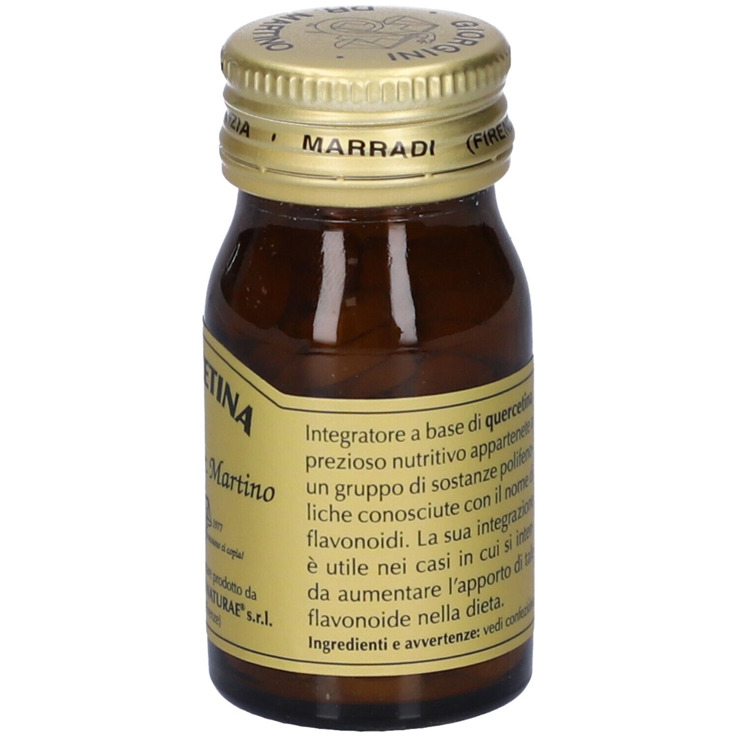 Flacone di vetro marrone con tappo dorato. Scritta: QUERCETINA, Giorgini Dr. Martino. Etichetta con testo.