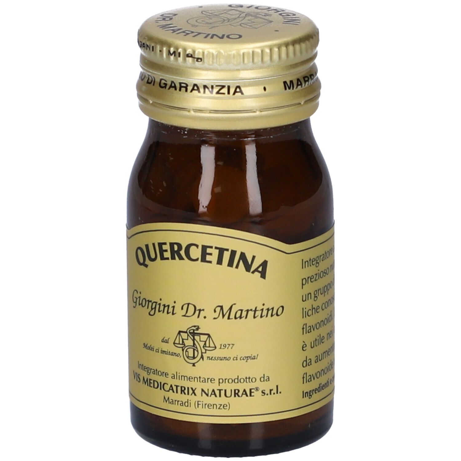 Flacone di vetro marrone con tappo dorato. Scritta: QUERCETINA, Giorgini Dr. Martino. Sigillo sul tappo.