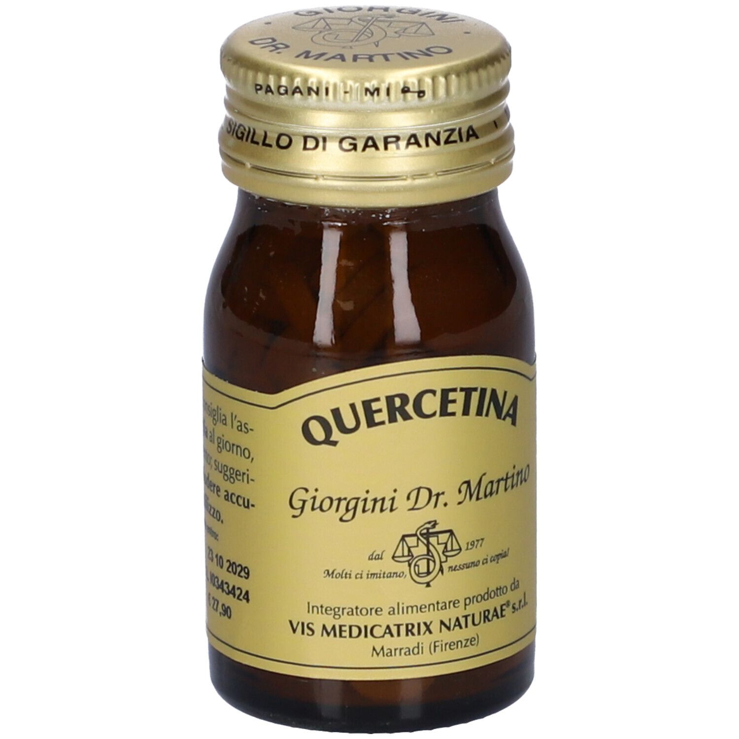 Flacone di vetro marrone con tappo dorato. Scritta: QUERCETINA, Giorgini Dr. Martino. Etichetta con testo.
