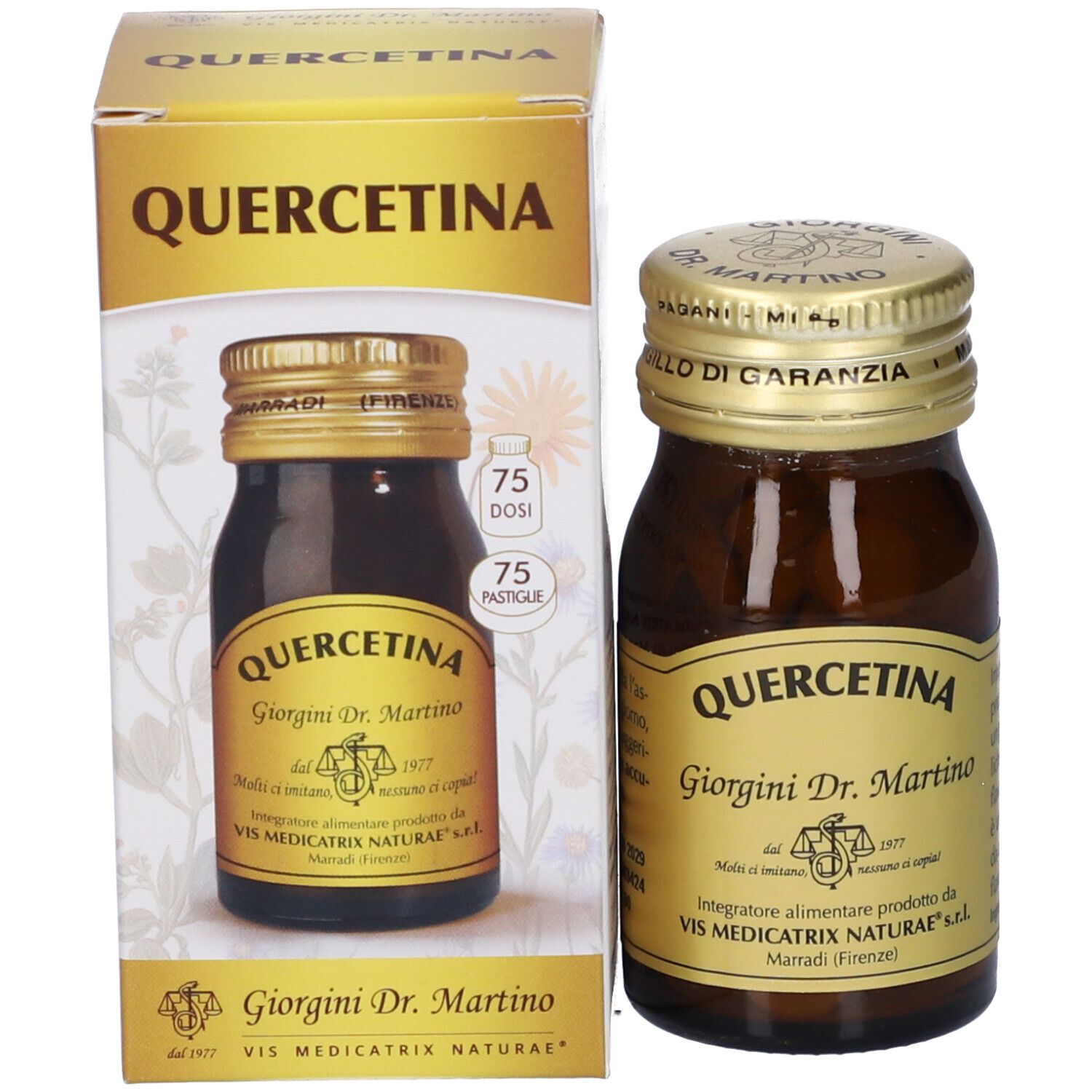 Confezione del prodotto con flacone e scatola. Scritta: QUERCETINA, Giorgini Dr. Martino. 75 dosi.