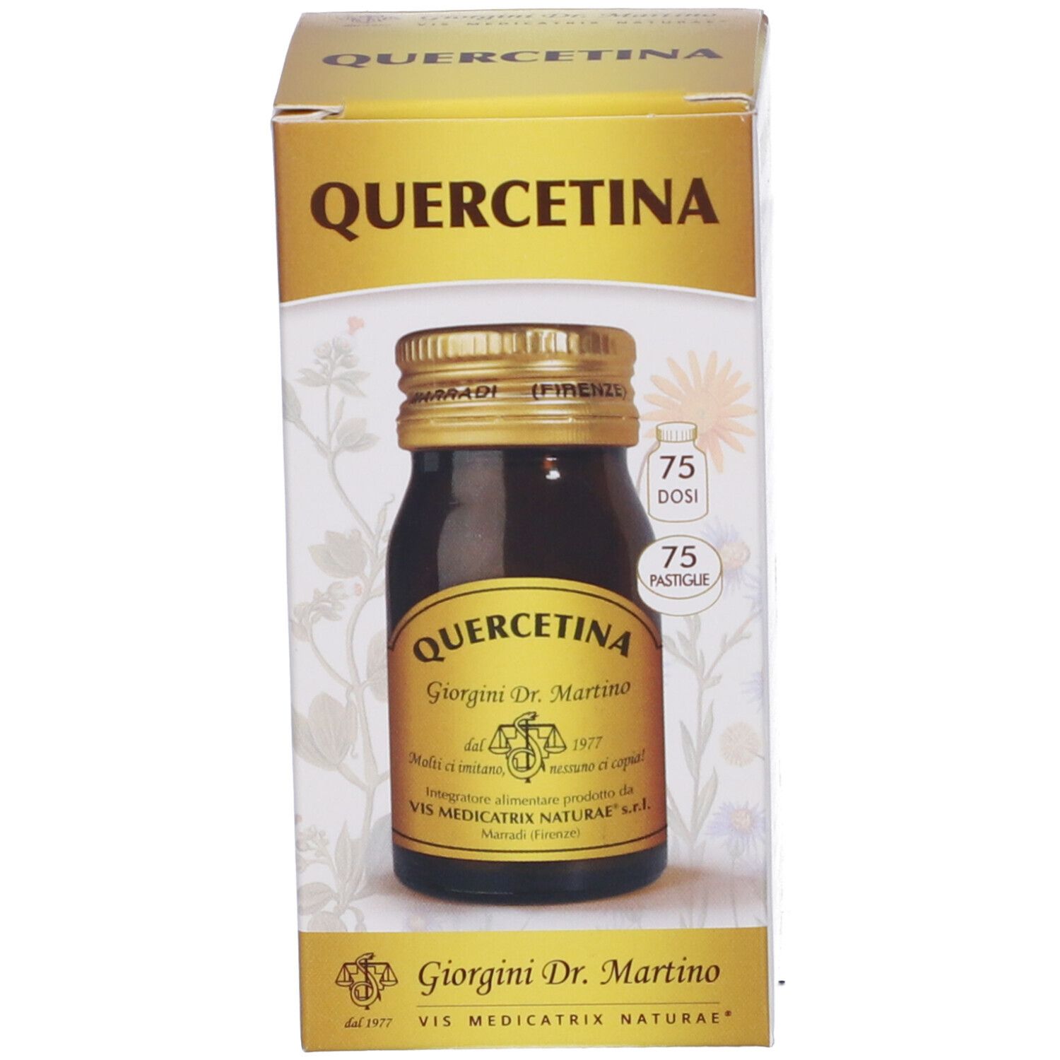 Confezione del prodotto con scatola. Scritta: QUERCETINA, Giorgini Dr. Martino. 75 dosi.