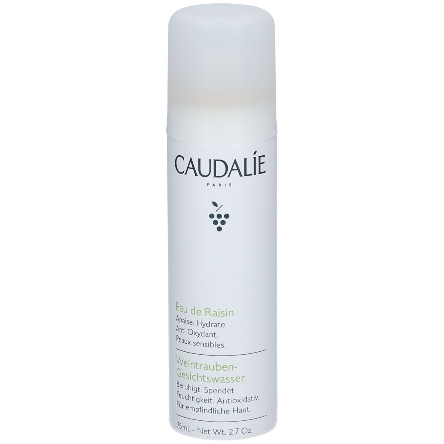 Acqua d'Uva CAUDALIE. Flacone bianco con tappo. Testo: Eau de Raisin, Weintrauben-Gesichtswasser.