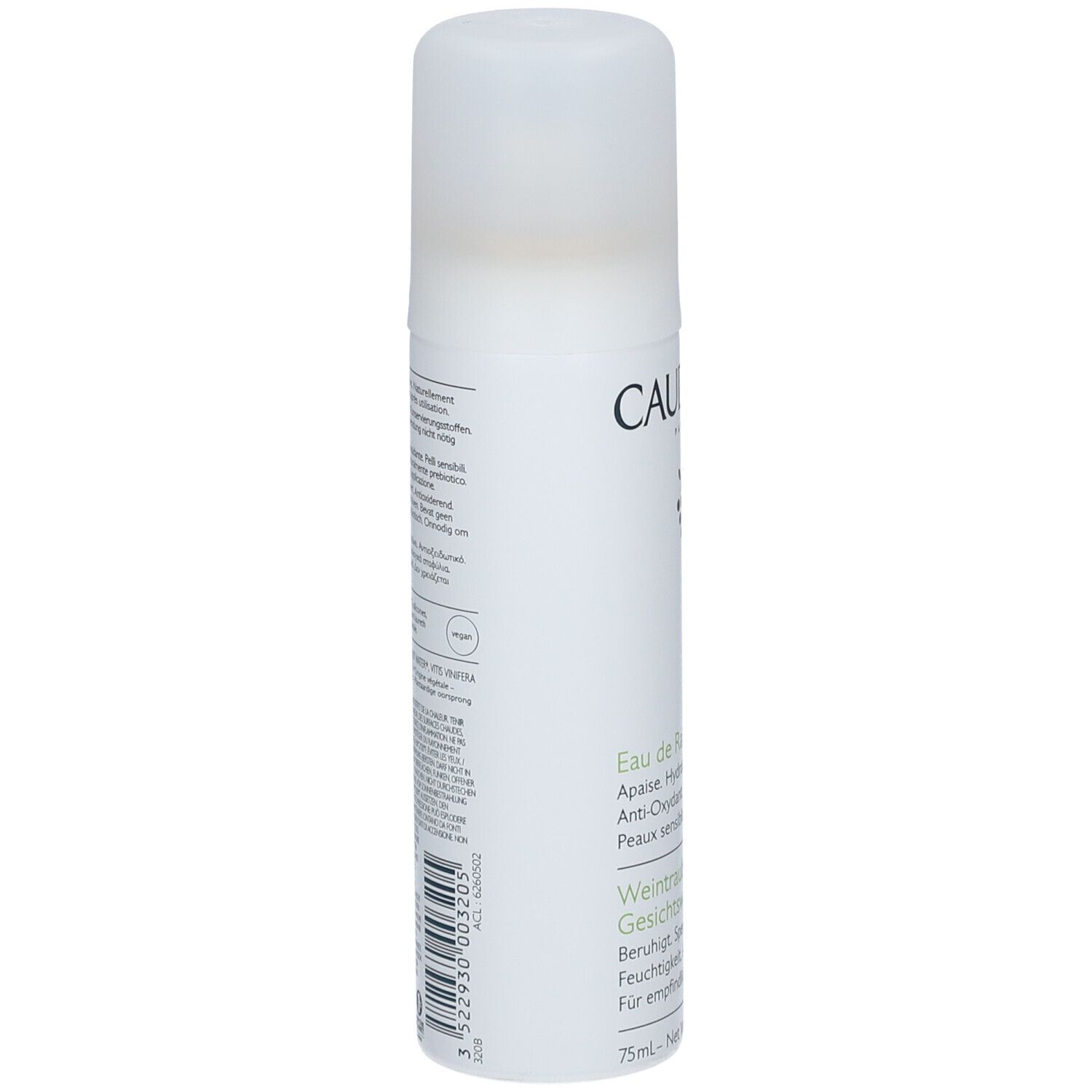 Acqua d'Uva CAUDALIE. Flacone bianco con tappo. Retro con testo. Capacità: 75ml.