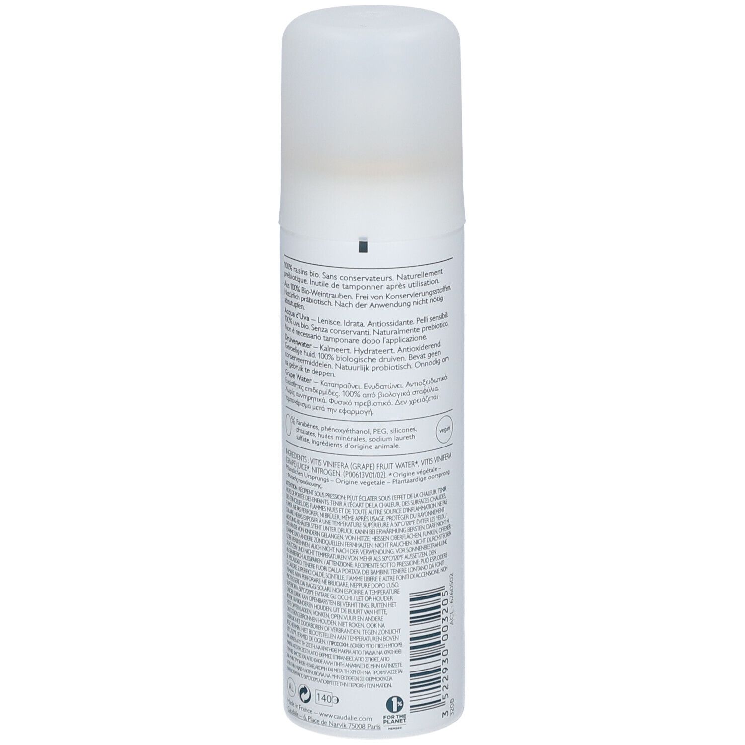 Acqua d'Uva CAUDALIE. Flacone bianco con tappo. Retro con testo. Capacità: 75ml.