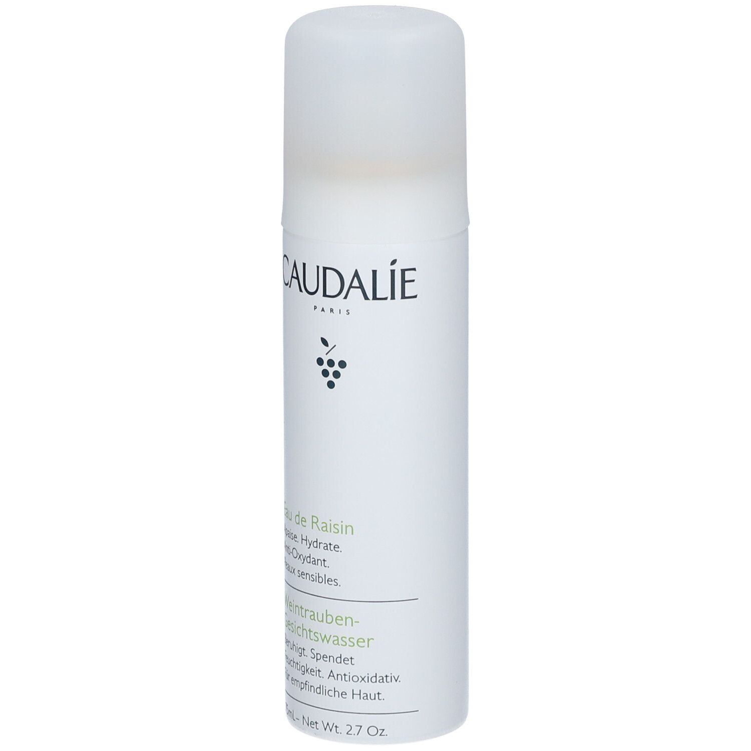 Acqua d'Uva CAUDALIE. Flacone bianco con tappo. Testo: Eau de Raisin, Weintrauben-Gesichtswasser.
