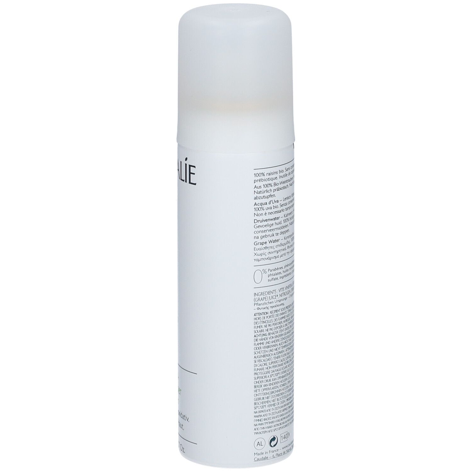 Acqua d'Uva CAUDALIE. Flacone bianco con tappo. Retro con testo. Capacità: 75ml.