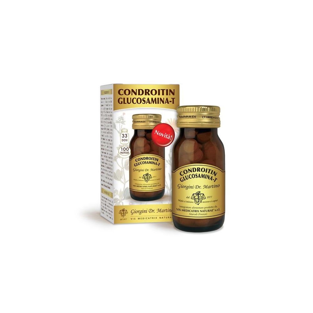 Flacone in vetro marrone e confezione. Scritta: Chondroitin Glucosamin-T, Giorgini Dr. Martino. Adesivo rosso: Novità!