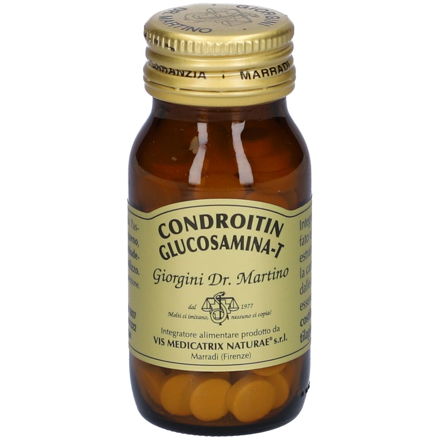 Flacone in vetro marrone con compresse. Scritta: Chondroitin Glucosamin-T, Giorgini Dr. Martino. Tappo dorato.