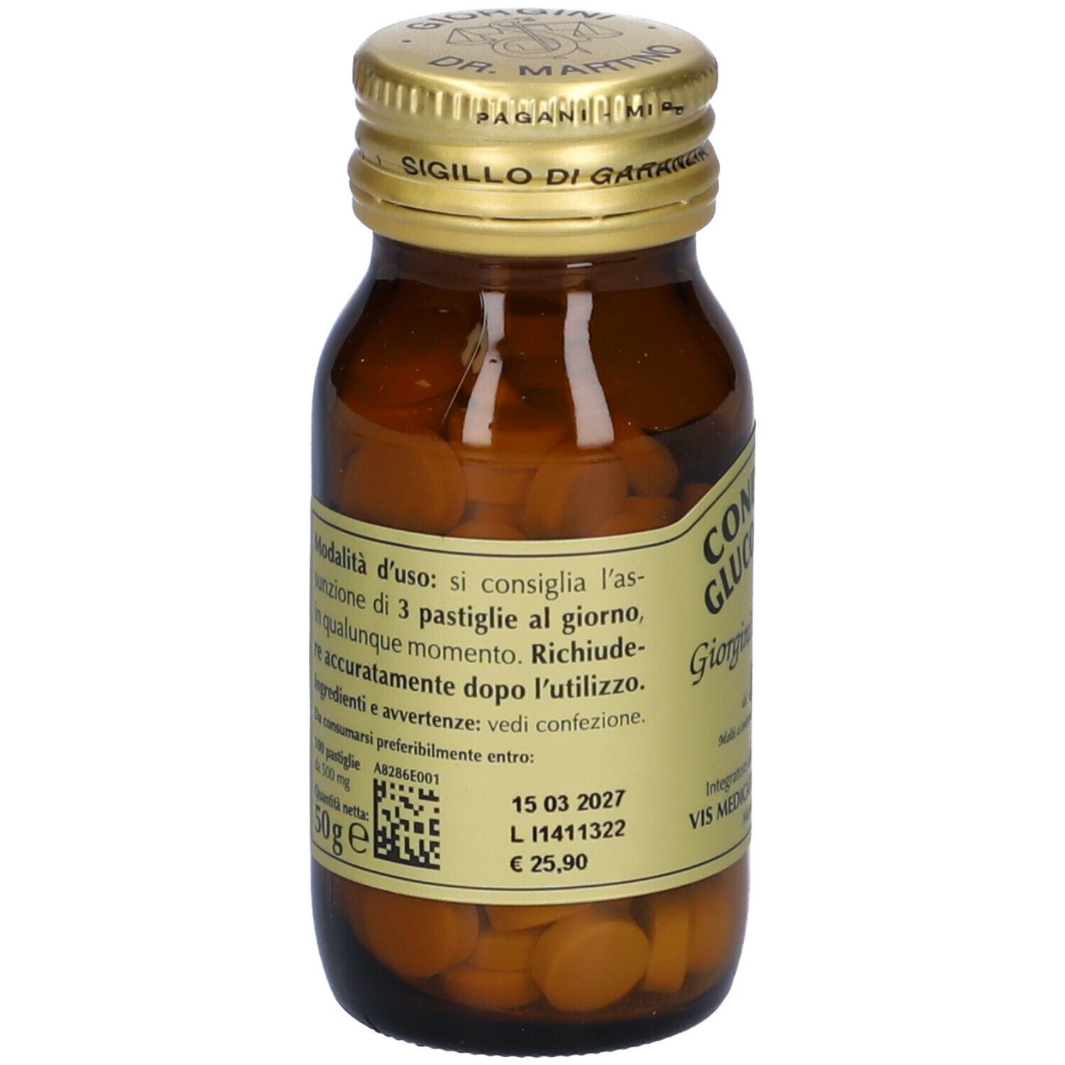 Flacone in vetro marrone con compresse. Scritta: Chondroitin Glucosamin-T, Giorgini Dr. Martino. Retro con testo e codice a barre.