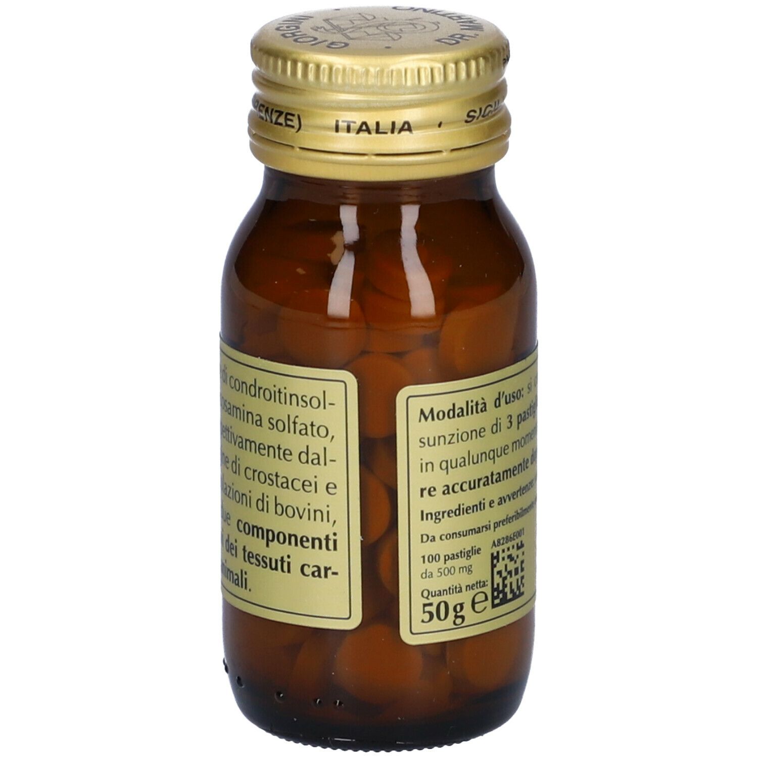 Flacone in vetro marrone con compresse. Scritta: Chondroitin Glucosamin-T, Giorgini Dr. Martino. Retro con testo.
