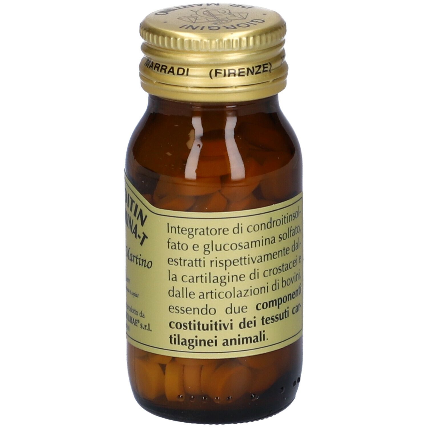 Flacone in vetro marrone con compresse. Scritta: Chondroitin Glucosamin-T, Giorgini Dr. Martino. Retro con testo.
