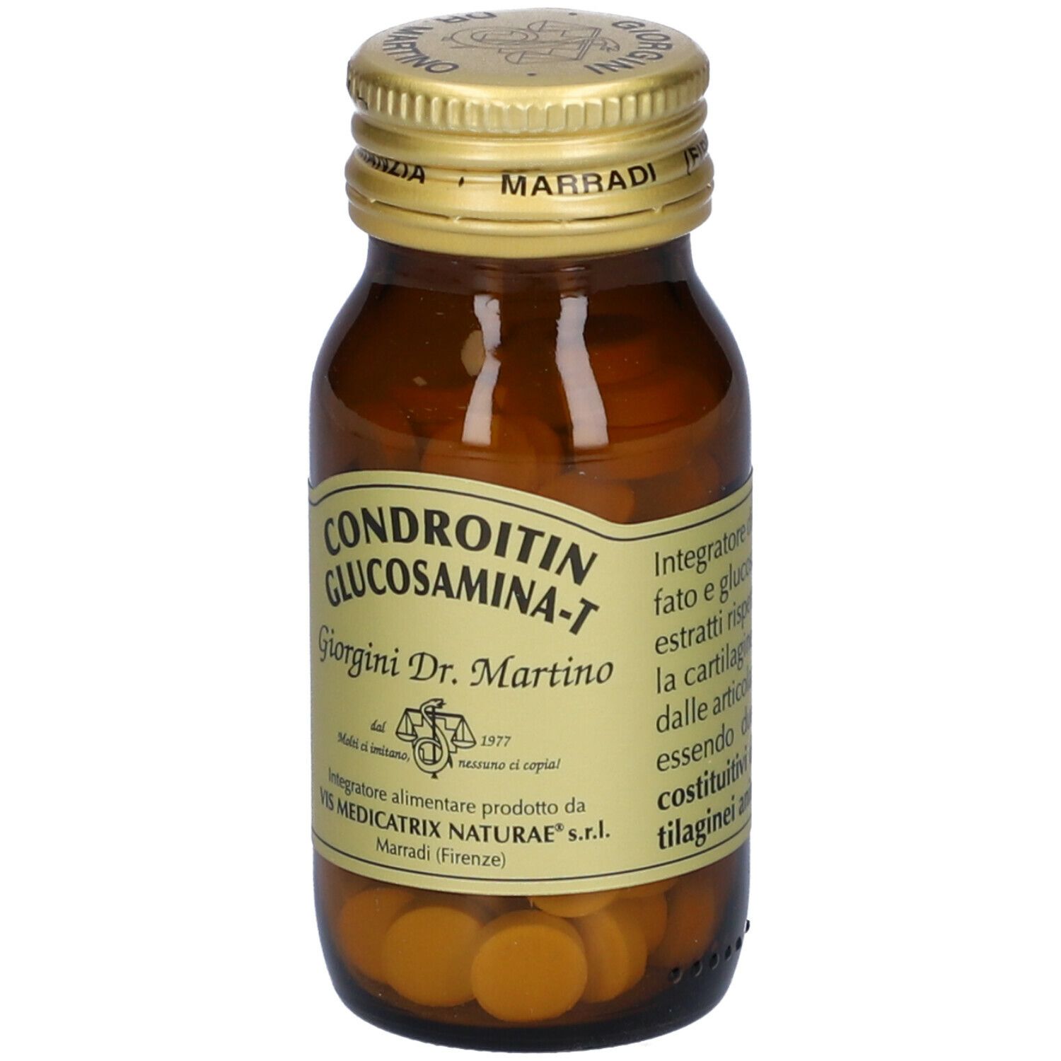 Flacone in vetro marrone con compresse. Scritta: Chondroitin Glucosamin-T, Giorgini Dr. Martino. Retro con testo.